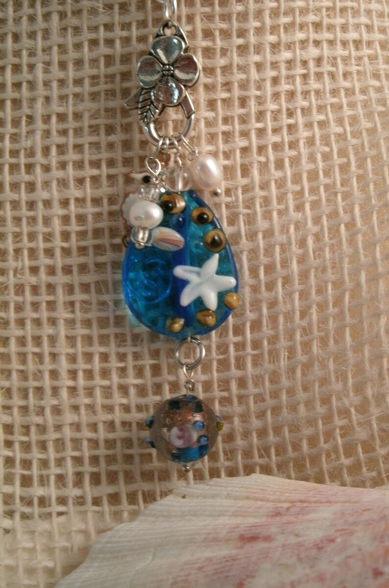 Blue glass Sea Star Sea Life lampwork Necklace round Lampwork dangle bead Rhinestone enamel Sea Horse and Fresh Water pearls