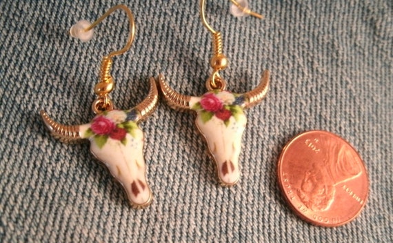 Bull Steer Cow Skull small Earrings Gold plated with flowers on cow skull Enamel front charms