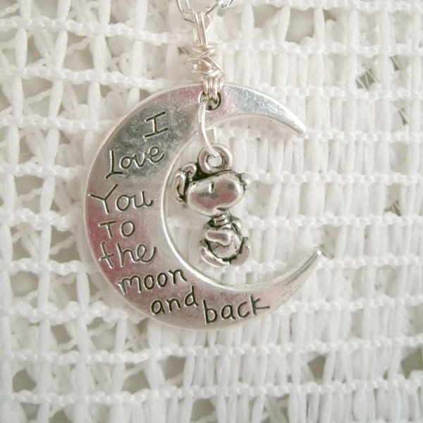 Snoopy Love you to the Moon Necklace pendant with wire wrapped bail and Dangling Snoopy Charm