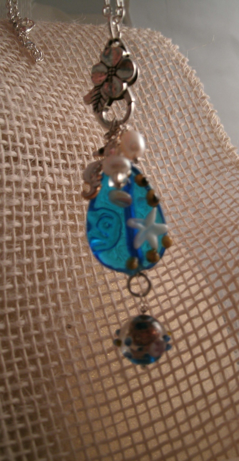 Blue glass Sea Star Sea Life lampwork Necklace round Lampwork dangle bead Rhinestone enamel Sea Horse and Fresh Water pearls