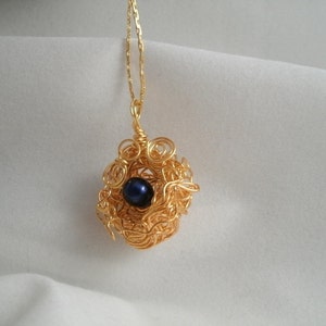 Birds Nest with 1 Dark Blue Fresh Water Pearl Wire Wrapped Necklace