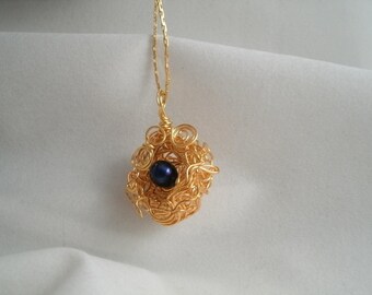 Birds Nest with 1 Dark Blue Fresh Water Pearl Wire Wrapped Necklace