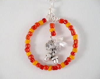 Autumn Necklace Wire Wrapped Glass Yellow Orange Beaded Charm Circle Antique Silver acorns pumpkin and oak leaf