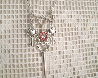 Hearts and Keys Crystal stones Necklace Pendant Red and clear crystals in hearts