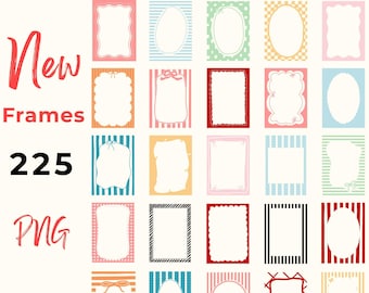 May include: A collection of 25 hand-drawn frames in various shapes and colors, including rectangles, ovals, and scalloped edges. The frames are set against a cream background, with text that reads "New Frames 225 PNG".