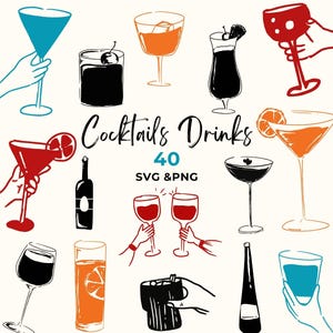 Hand Drawn Cocktail Icons Digital Clipart, Classic Drink Illustration Bar Menu, Signature Drink Sign SVG & PNG, Whimsical Wedding Drink Menu