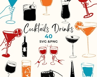Clipart de coquetel desenhado à mão: ilustrações de bebidas, cardápio de bar SVG e PNG (download digital)