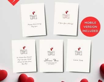 Op de afbeelding: Vijf printbare Valentijnsdagkaarten met een schattige illustratie van drie katten met een rood hart erboven. De kaarten hebben verschillende berichten, waaronder "Happy Anniversary My Love", "I Love You Always", "No Matter How Much I Say I Love You I Will Always Love You More Than That", "Love You Everything's Better When We're Together", en "Love You".