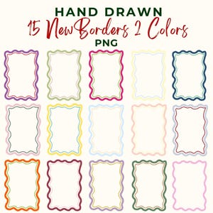 May include: Fifteen hand-drawn wavy borders in two colors. The borders are in shades of red, blue, green, yellow, and purple.  The borders are PNG files.