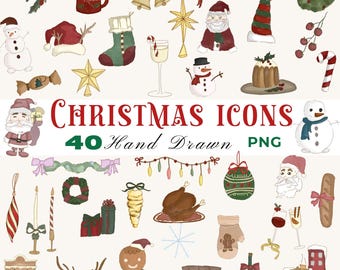 May include: A collection of 40 hand-drawn Christmas icons in PNG format. The illustrations include Santa Claus, snowmen, ornaments, bells, a Christmas stocking, a gingerbread man, and other festive elements in a watercolor style.