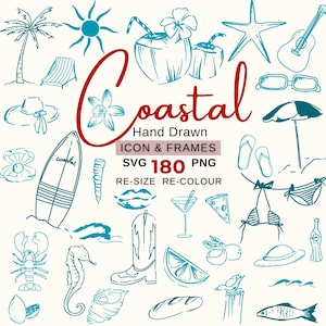 Coastal Elements Hand Drawn Beach Ocean Clipart Bundle Whimsical Style SVG & PNG Digital File Summer illustration Icons For Party Event