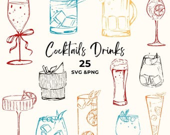 Clipart de coquetel desenhado à mão: gráficos de menu de bar em PNG e SVG (download digital)