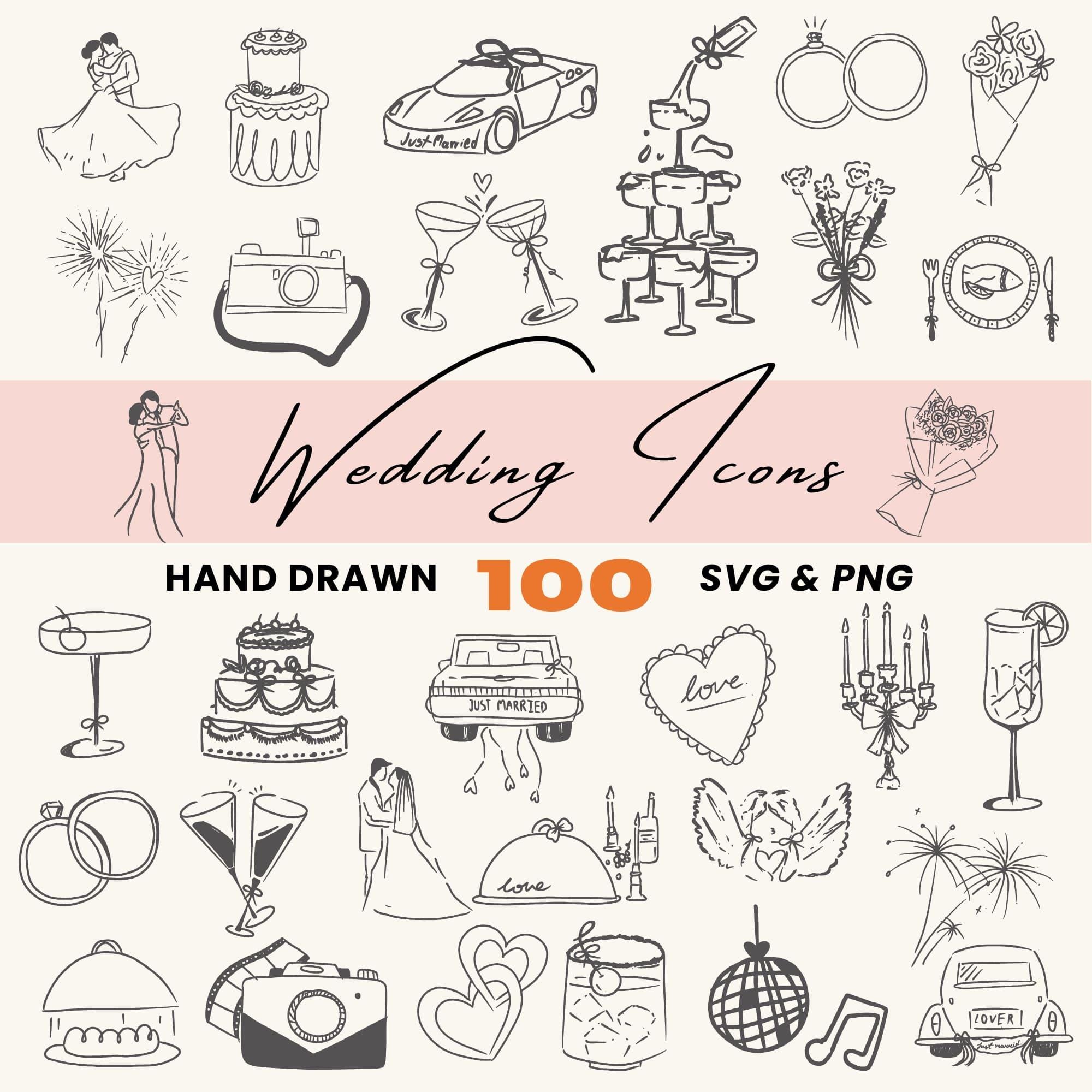 Hand Drawn Wedding Clipart Bundle: SVG & PNG Icons (digital Download ...