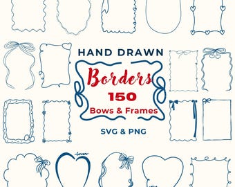 Op de afbeelding: Een set van 150 handgetekend borders, strikken en frames in blauw en wit. De tekst "HAND DRAWN Borders 150 Bows & Frames SVG & PNG" staat in het midden van de afbeelding.