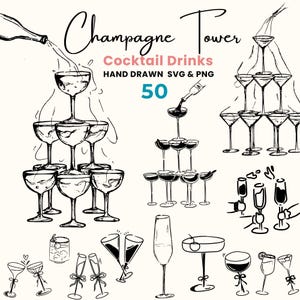 Champagne Tower Hand Drawn Clipart Bundle, Cocktails Drinks SVG, Signature Drink Sign Illustration, Wedding Bar & Drink Menu Images PNG