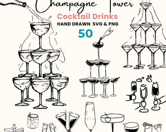 Handgezeichnetes Cocktail Clipart Bundle: Champagner Turm, Getränke SVG (Digitaler Download)