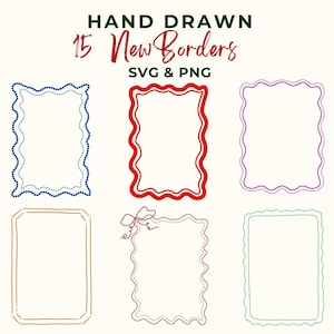 May include: Hand-drawn digital borders in SVG and PNG formats. The image displays 15 new border designs in various colors, including blue, red, purple, brown, and green. Each border has a unique style, with some featuring wavy lines or decorative elements.