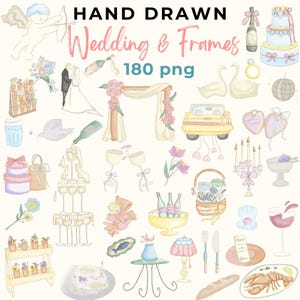 May include: Hand-drawn watercolor illustrations of wedding-themed elements. Includes a wedding arch, champagne bottles, a cake, a car, swans, and other decorative items. The text "HAND DRAWN Wedding & Frames 180 png" is at the top.