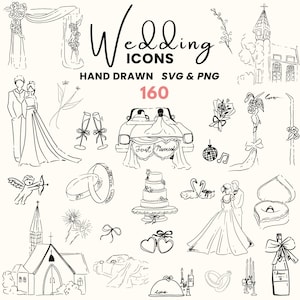 Whimsical Wedding Hand Drawn SVG Clipart Bundle of Illustrations, PNG Icons for Wedding Invitation Template, Doodles, Menu, Bridal Invites