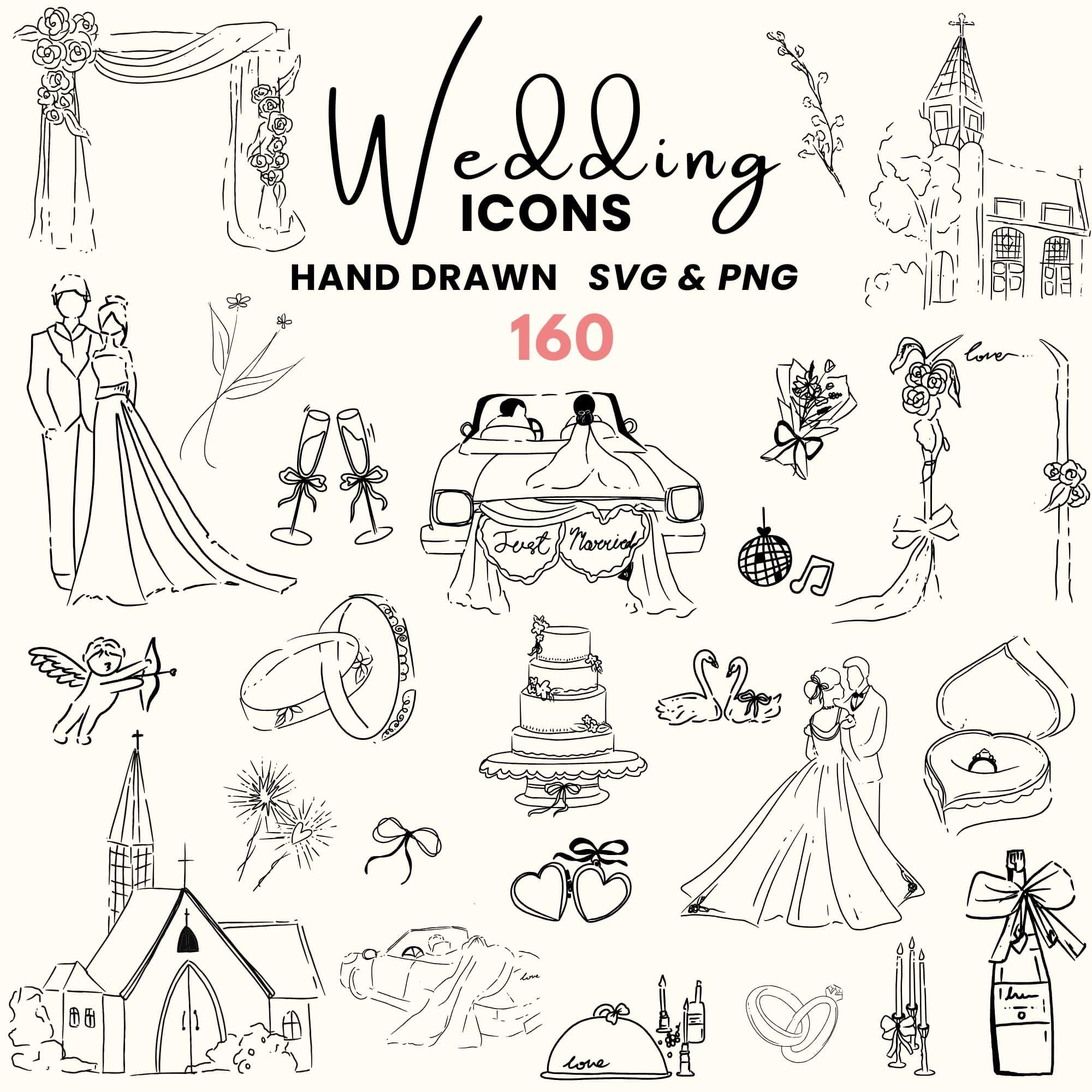 Wedding Illustration Clipart Bundle: Hand-drawn SVG & PNG Icons ...
