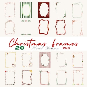 May include: A collection of 20 hand-drawn Christmas frames in various shapes and styles. The frames feature festive elements like bows, holly, and candy canes, with a mix of red, green, and gold accents. The text "Christmas frames" is displayed in a decorative font.