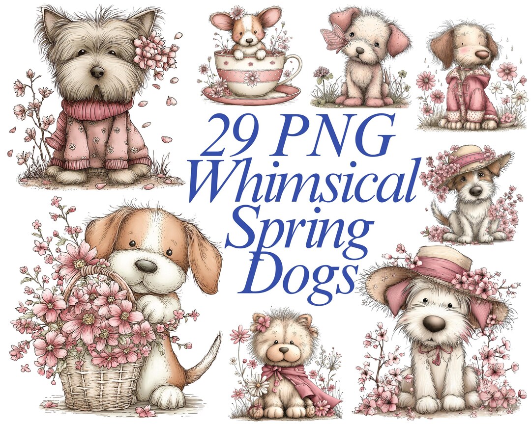 Whimsical Spring Dog Clipart Bundle, Floral Puppy Illustrations ...