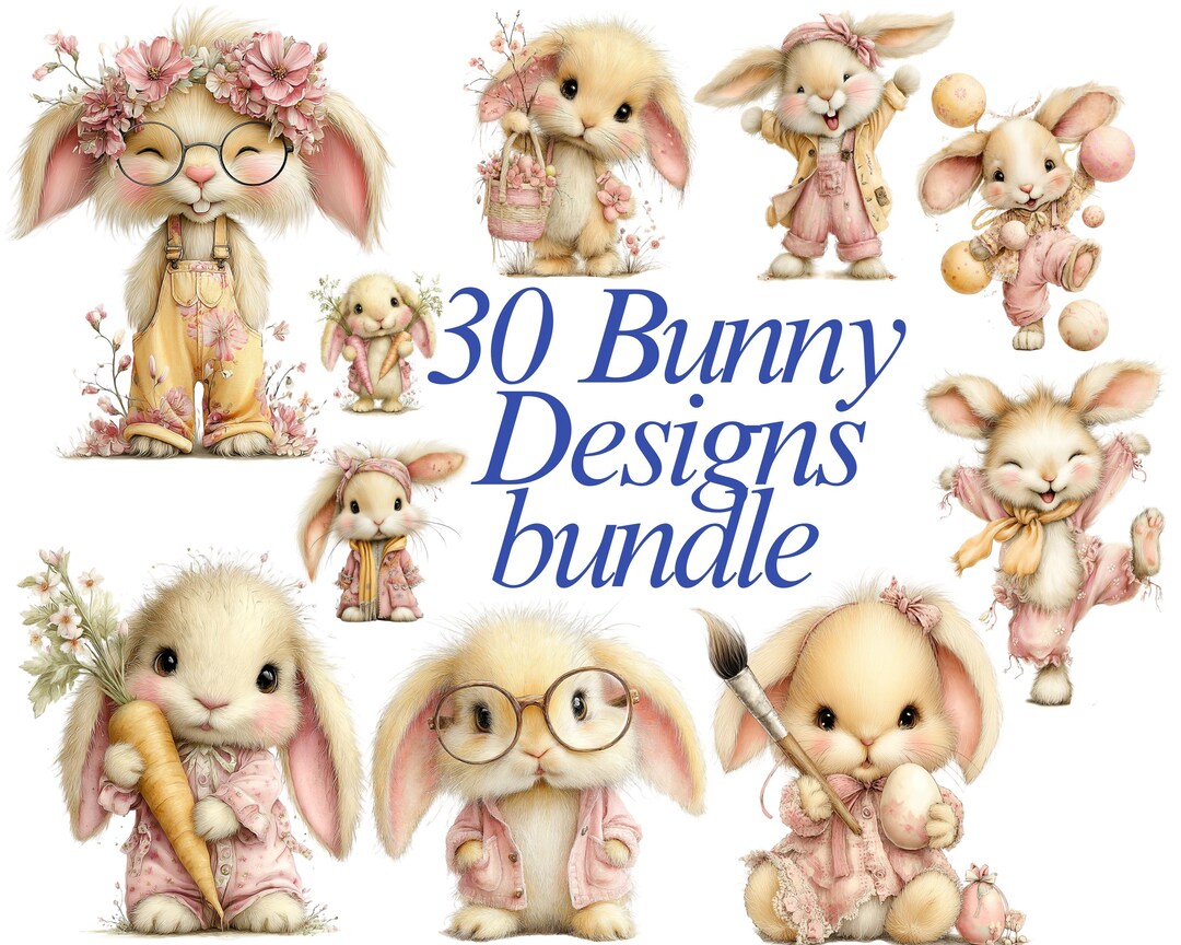 Watercolor Bunny Clipart Bundle, Easter Rabbit Designs (30 PNG Files ...