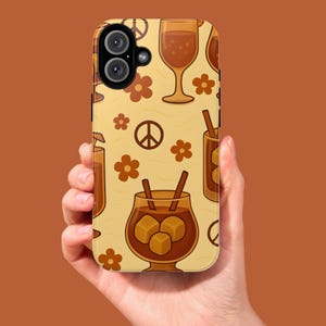 Retro 70s Aesthetic Cocktail Phone Case Fun Floral Peace Sign Drink Design Cell Phone Cover Gift for Bartenders Party Lovers Summer Vibes