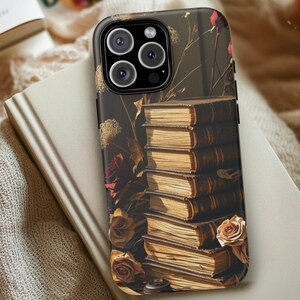 Dark Academia Book Stack Phone Case, Vintage Books and Florals, Bookish Gift for Readers, Aesthetic Book Lover Phone Cover