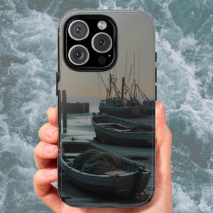 Custodia per telefono con barche d&#39;epoca, design nautico costiero per iPhone e Samsung, regalo per marinai e amanti del mare, stile pesca marittima