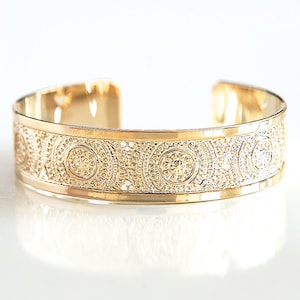 Mandala Gold Cuff Bracelet for Women – Dainty Boho Jewelry Handmade in Israel, Adjustable Gift for Mom, Spiritual Artisan Design