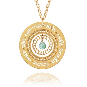 Gold Hebrew Blessings Necklace with Green Tourmaline – Handmade Spiritual Jewelry from Israel, Gift for Her, Inspirational Pendant