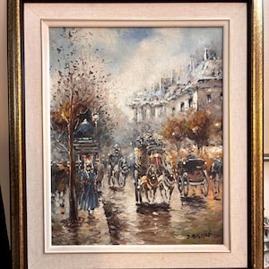 Vintage J GASTON Oil On Canvas 23 x 26 in Paris Street Scene Signed Framed, Original Impressionist Painting, Horses, Carriages