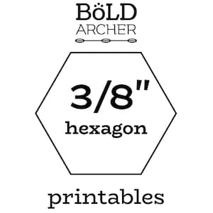 Può includere: Un modello stampabile esagonale in bianco e nero da 3/8", con il testo "BÖLD ARCHER" e "printables" nella parte superiore e inferiore dell'immagine.