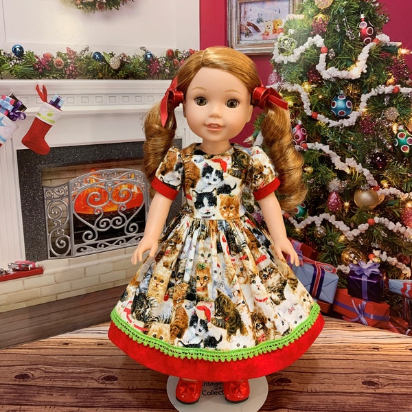 Dress fits 14 inch Wellie Wisher dolls  by American Girl " Christmas Kittens"  Dress ONLY will fit dolls of same size as Wellie Wisher dolls