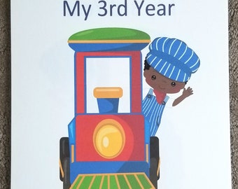 Trains Calendar and Memory Book for African American Boy ~ 12 Month Calendar - Personalized