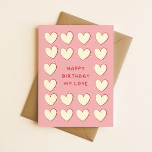 Gelukkige verjaardag My Love roze en rode kaart met hartjes - Verjaardagskaart voor haar, kaart voor haar, vriendin verjaardagskaart, verjaardagskaart voor vrouw-