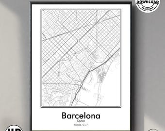 May include: A framed black and white map print of Barcelona, Spain, featuring a detailed street grid layout. The text below the map reads Barcelona, Spain, 41.3826 / 2.1771. A circular badge in the top right corner states Premium Quality Digital Download.