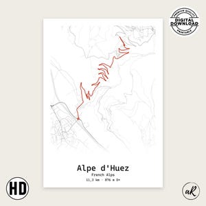 May include: A digital print featuring a map of the Alpe d'Huez in the French Alps. The design displays a red line representing the route over thin gray topographical lines. Text reads: Alpe d'Huez, French Alps, 11.3 km, 876 m D+.
