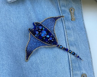 Gestickte Ray Brosche Ozean inspiriert Perlen Schmuck Anstecknadel