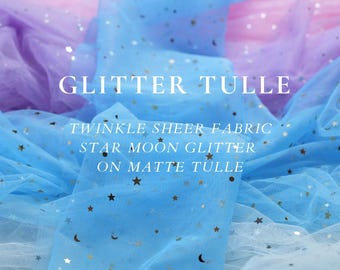 Celestial Star Moon Glitter Tulle by the Yard, Shimmer Bridal Overlay Tulle Mesh for Weddings, Dance Costumes, Party Decor , Tulle for Dress