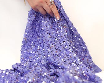 Luxurious Lavender Sequin Fabric by the Yard, Stretch All-Over Sequins Velvet Spandex Fabric for Dresses, Gowns, Dancewear, Costumes, Decor