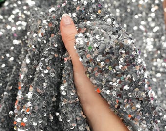 Silver Sequin Velvet Fabric by the Yard, 2 Way Stretch Silver Sequin Fabric, Shiny Velvet Sequins for Dresses, Gowns, Dancewear, Bows