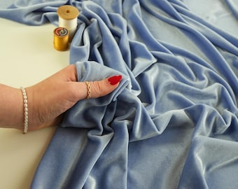 Dusty Blue Stretch Velvet Fabric by the Yard, 4y Way Stretch Soft Plush Blue Velour Fabric for Costumes, Upholstery, Bows, DIY Sewing Crafts
