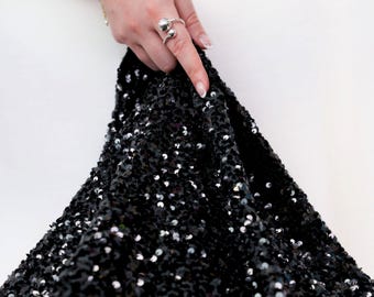 Black Stretch Sequin Velvet Fabric by the Yard, Shiny Black Sequins on Plush Velvet, Sparkle Stretch Velvet for Gowns, Prom Dress, Costumes