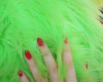 Neon Green Faux Fur Fabric by the Yard, 60" Wide Long Hair Shaggy Fake Fur, Bright Green Soft Plush Material for Fursuits, Cosplay & Crafts