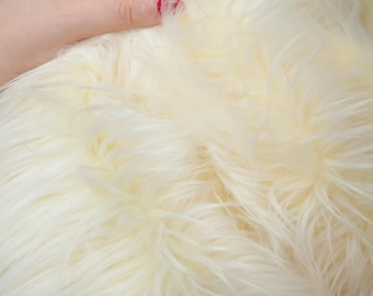 Ivory Faux Fur Fabric by the Yard, 60" Long Pile Shag Fur, Cream Fake Fur for Halloween Costume Cosplay Fursuit Coat Winter Decor