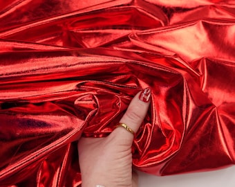Red Metallic Foil Fabric by the Yard, Shiny Stretch Foil Lame Spandex Fabric for Stage Costumes, Gymnastics Leotards, Dancewear, Cosplay