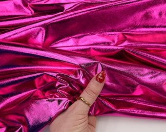 Hot Pink Metallic Foil Fabric by the Yard, Shiny Stretch Lame Fuchsia Spandex Fabric for Dancewear, Cheer Uniforms, Halloween Costumes