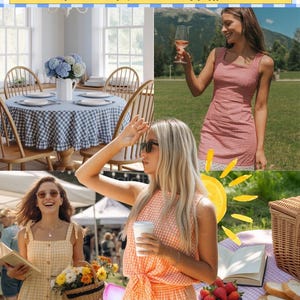 May include: The image showcases gingham fabric in various applications. It features dresses, a table setting with a checkered tablecloth, and a picnic scene. The fabric is shown in red, yellow, and blue checkered patterns, suggesting a classic, preppy style.